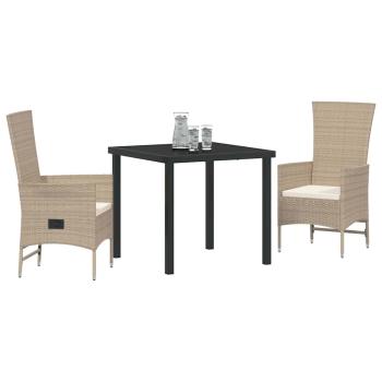 3-teiliges Garten-Esszimmer-Set mit Kissen Beige Poly Rattan