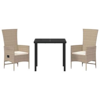3-teiliges Garten-Esszimmer-Set mit Kissen Beige Poly Rattan