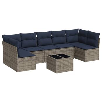 8-tlg. Garten-Sofagarnitur mit Kissen Grau Poly Rattan