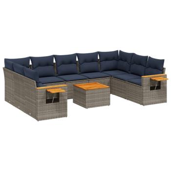 10-tlg. Garten-Sofagarnitur mit Kissen Grau Poly Rattan