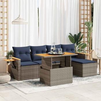 ARDEBO.de - 6-tlg. Garten-Sofagarnitur mit Kissen Grau Poly Rattan Akazie