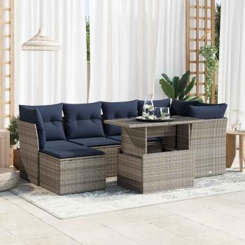 ARDEBO.de - 7-tlg. Garten-Sofagarnitur mit Kissen Grau Poly Rattan Akazie