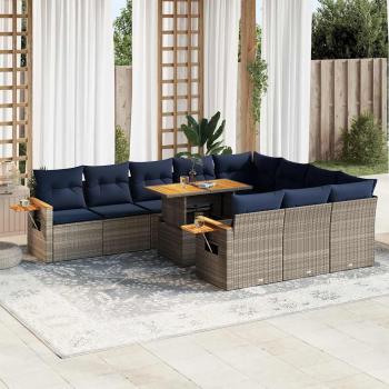ARDEBO.de - 11-tlg. Garten-Sofagarnitur mit Kissen Grau Poly Rattan Akazie