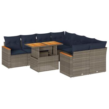 9-tlg. Garten-Sofagarnitur mit Kissen Grau Poly Rattan