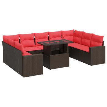 10-tlg. Garten-Sofagarnitur mit Kissen Braun Poly Rattan Akazie