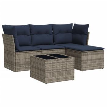 5-tlg. Garten-Sofagarnitur mit Kissen Grau Poly Rattan