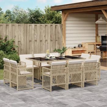 ARDEBO.de - 11-tlg. Garten-Essgruppe mit Kissen Beige Poly Rattan