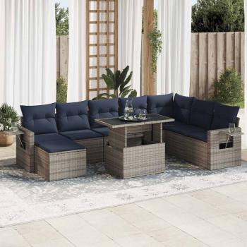 ARDEBO.de - 9-tlg. Garten-Sofagarnitur mit Kissen Grau Poly Rattan Akazie