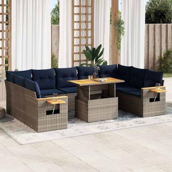 ARDEBO.de - 10-tlg. Garten-Sofagarnitur mit Kissen Grau Poly Rattan Akazie