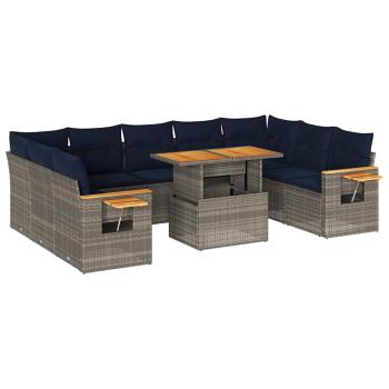 10-tlg. Garten-Sofagarnitur mit Kissen Grau Poly Rattan Akazie