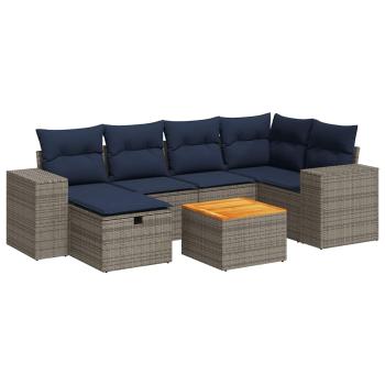 7-tlg. Garten-Sofagarnitur mit Kissen Grau Poly Rattan