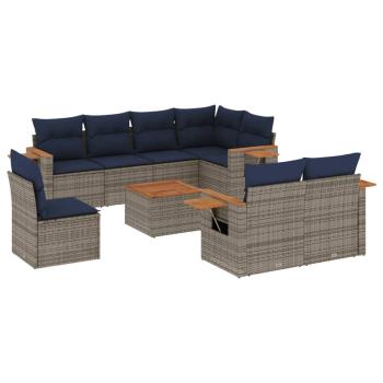 9-tlg. Garten-Sofagarnitur mit Kissen Grau Poly Rattan