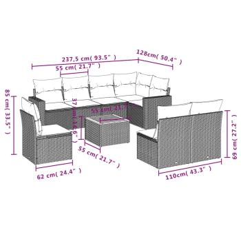 9-tlg. Garten-Sofagarnitur mit Kissen Grau Poly Rattan