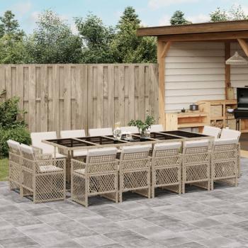 ARDEBO.de - 15-tlg. Garten-Essgruppe mit Kissen Beige Poly Rattan