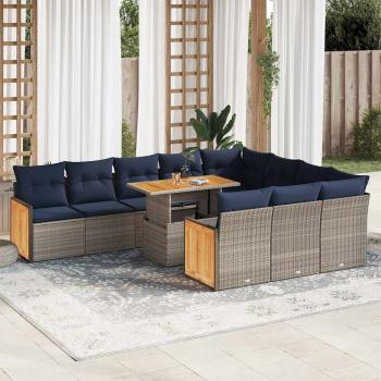 ARDEBO.de - 11-tlg. Garten-Sofagarnitur mit Kissen Grau Poly Rattan Akazie