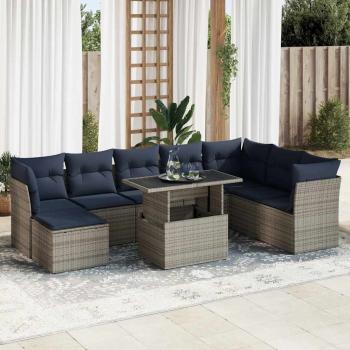 ARDEBO.de - 9-tlg. Garten-Sofagarnitur mit Kissen Grau Poly Rattan Akazie
