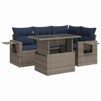 5tlg. Garten-Sofagarnitur mit Kissen Schwarz Poly Rattan Akazie
