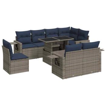 9-tlg. Garten-Sofagarnitur mit Kissen Braun Poly Rattan Akazie