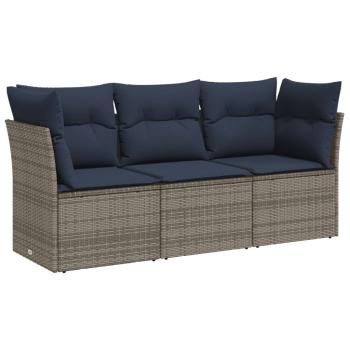 3-tlg. Garten-Sofagarnitur mit Kissen Grau Poly Rattan