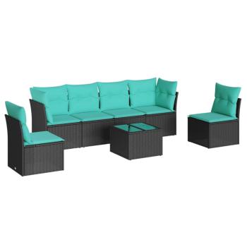 7-tlg. Garten-Sofagarnitur mit Kissen Schwarz Poly Rattan