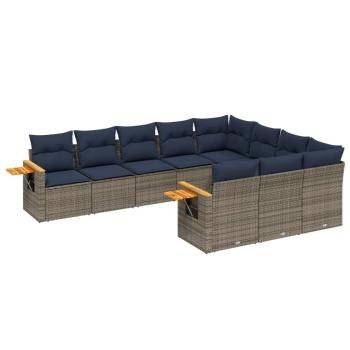 10-tlg. Garten-Sofagarnitur mit Kissen Grau Poly Rattan