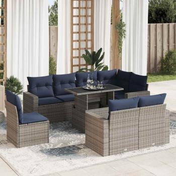 ARDEBO.de - 9-tlg. Garten-Sofagarnitur mit Kissen Grau Poly Rattan Akazie