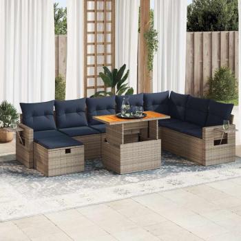 ARDEBO.de - 9-tlg. Garten-Sofagarnitur mit Kissen Grau Poly Rattan Akazie
