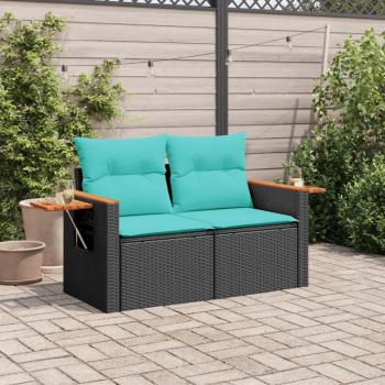 Gartensofa mit Kissen 2-Sitzer Schwarz Poly Rattan