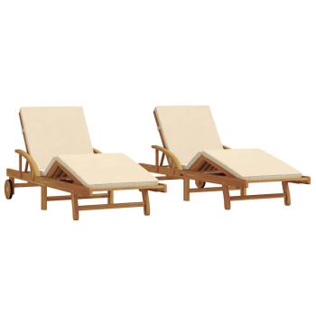 Sonnenliegen 2 Stück mit Kissen und Rädern Beige aus Massivholz Akazie, Klappbare Sonnenliege mit Rädern & Kissen Beige aus Massivholz Akazie