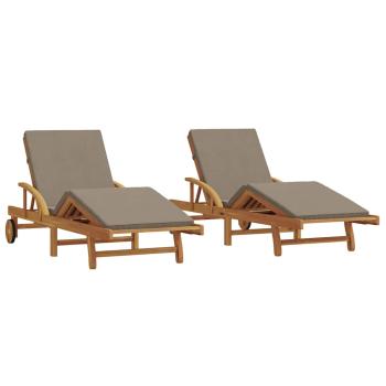 Sonnenliegen 2 Stück mit Kissen und Rädern Taupe Akazienholz, Klappbare Sonnenliege mit Rädern & Kissen Taupe Akazienholz