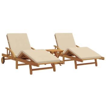 Sonnenliegen 2 Stk mit Kissen und Tisch Beige Massivholz Akazie, Klappbare Sonnenliege mit Rollen & Kissen Beige Massivholz Akazie