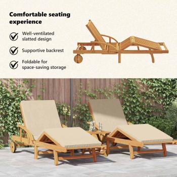 Sonnenliegen 2 Stk mit Kissen und Tisch Beige Massivholz Akazie, Klappbare Sonnenliege mit Rollen & Kissen Beige Massivholz Akazie