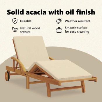 Sonnenliegen 2 Stk mit Kissen und Tisch Beige Massivholz Akazie, Klappbare Sonnenliege mit Rollen & Kissen Beige Massivholz Akazie