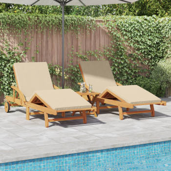 Sonnenliegen 2 Stk mit Kissen und Tisch Beige Massivholz Akazie, Klappbare Sonnenliege mit Rollen & Kissen Beige Massivholz Akazie