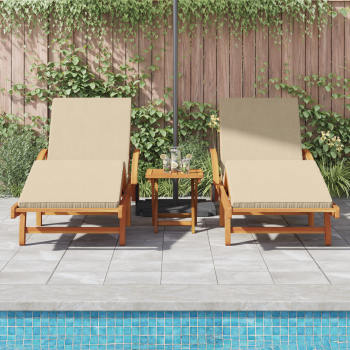 Sonnenliegen 2 Stk mit Kissen und Tisch Beige Massivholz Akazie, Klappbare Sonnenliege mit Rollen & Kissen Beige Massivholz Akazie