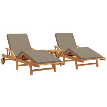 Sonnenliegen 2 Stück mit Kissen und Tisch Taupe Massivholz Akazie, Klapp-Sonnenliege mit Rädern & Kissen Taupe Massivholz Akazie