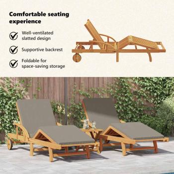 Sonnenliegen 2 Stück mit Kissen und Tisch Taupe Massivholz Akazie, Klapp-Sonnenliege mit Rädern & Kissen Taupe Massivholz Akazie