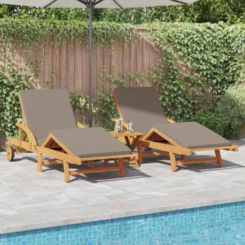 Sonnenliegen 2 Stück mit Kissen und Tisch Taupe Massivholz Akazie, Klapp-Sonnenliege mit Rädern & Kissen Taupe Massivholz Akazie