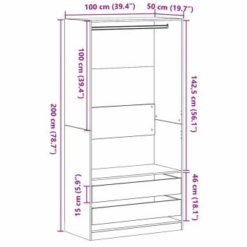 Kleiderschrank in Schwarz und Eiche, 100x50x200 cm, aus Holzwerkstoff