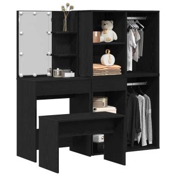 Schminktischset mit LED in Schwarz Eiche aus Holzwerkstoff, LED Schminktisch in Schwarz Eiche, 60x40x140 cm, aus Holzwerkstoff, Kosmetikschrank in Schwarz Eiche, 80x40x75 cm, aus Holzwerkstoff, Kosmetikschrank in Schwarz Eiche - 80x40x65 cm, aus Holzwerks