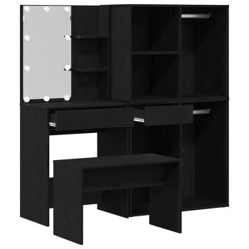 Schminktischset mit LED in Schwarz Eiche aus Holzwerkstoff, LED Schminktisch in Schwarz Eiche, 60x40x140 cm, aus Holzwerkstoff, Kosmetikschrank in Schwarz Eiche, 80x40x75 cm, aus Holzwerkstoff, Kosmetikschrank in Schwarz Eiche - 80x40x65 cm, aus Holzwerks