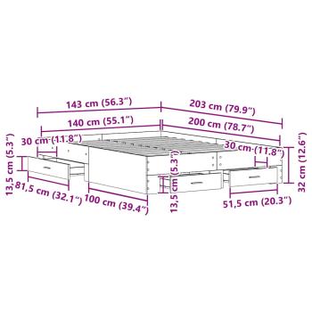 Bettgestell mit Schubladen Schwarz Eiche Material 140 x 200 cm