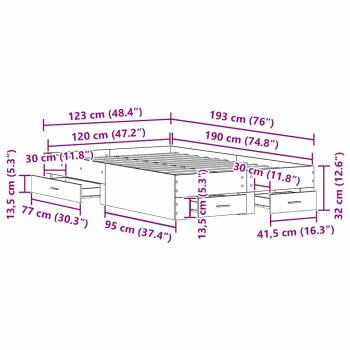 Bett mit Schubladen Altholz 120x190 cm Holzwerkstoff