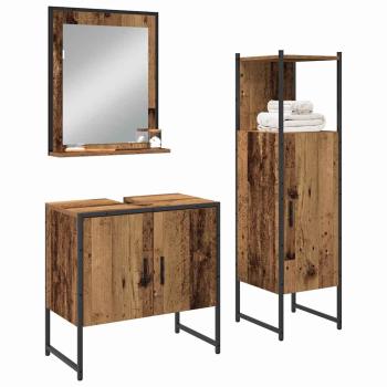3-teiliges Badezimmer-Schrankset aus altem Holz und engineered Wood