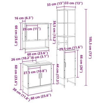 3-teiliges Badezimmermöbelset Schwarz Eiche Holzwerkstoff