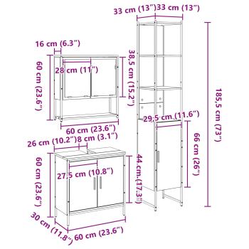 3-teiliges Badezimmermöbelset Schwarz Eiche Holzwerkstoff