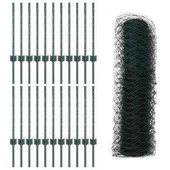 Zaun Pfosten 11 Stück U-Kanal Grün 60 cm Stahl, Sechseckzaun Grün 0,5x50 m Stahl