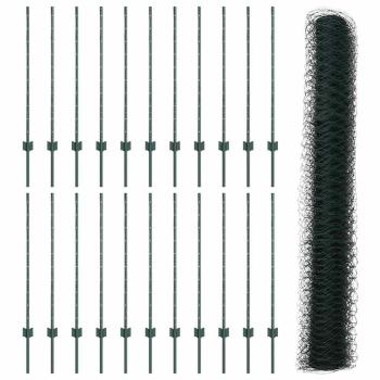 Zaunpfosten 11 Stk U-Kanal Grün 100 cm Stahl, Sechseckzaun Grün 1x50 m Stahl