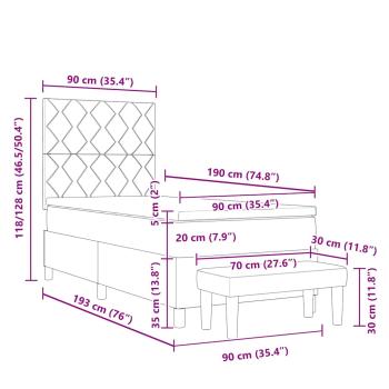 Boxspringbett mit Matratze & Bank Hellgrau 90x190 cm Samt