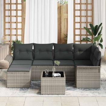 7-teiliges Garten-Sofa-Set mit Kissen Hellgrau Poly-Rattan